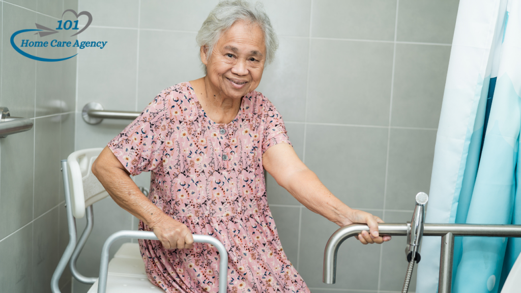 Home Modifications for Aging in Place lady on chair in bathroom